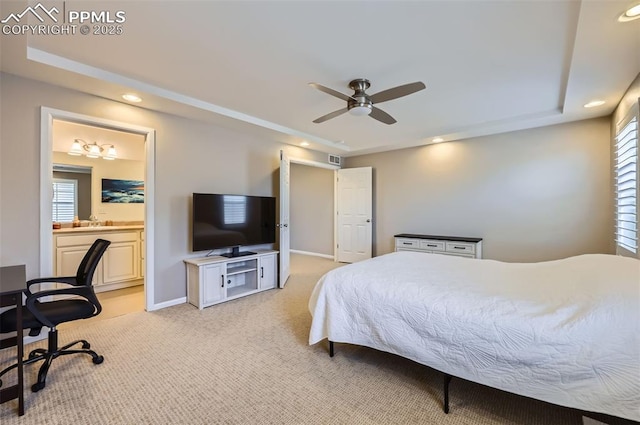 7225 Horizon Wood Ln, Colorado Springs, CO 80927 - bedroom with recessed lighting, light colored carpet, baseboards, a desk, and a tray ceiling