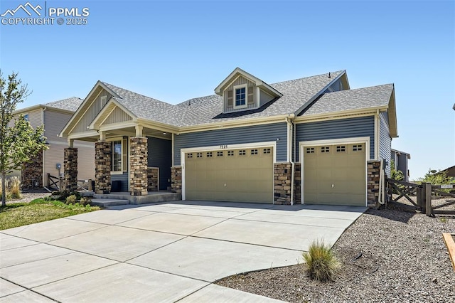 7225 Horizon Wood Ln, Colorado Springs, CO 80927 - craftsman house featuring a garage, covered porch, concrete driveway, stone siding, and roof with shingles