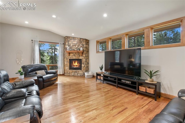 1230 Cottontail Trl, Woodland Park, CO 80863 - living room featuring wood finished floors, a fireplace, and recessed lighting