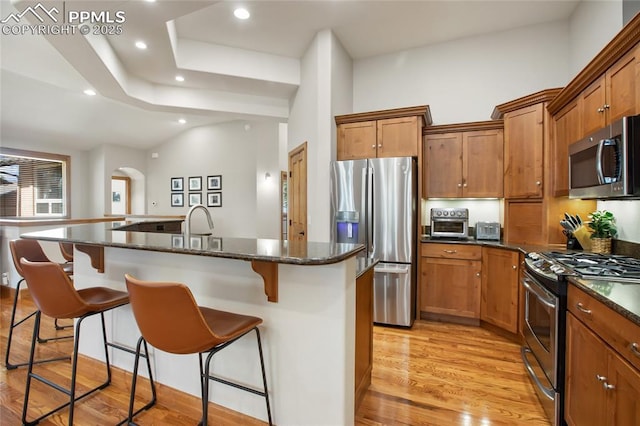 1230 Cottontail Trl, Woodland Park, CO 80863 - kitchen with appliances with stainless steel finishes, a kitchen bar, light wood-type flooring, brown cabinets, and recessed lighting