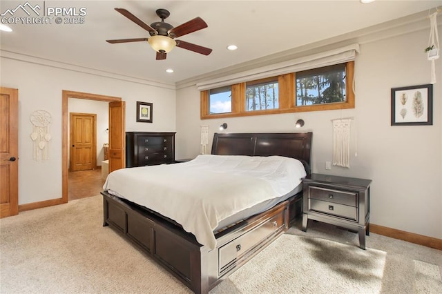 1230 Cottontail Trl, Woodland Park, CO 80863 - bedroom featuring baseboards, light carpet, recessed lighting, ensuite bathroom, and ceiling fan