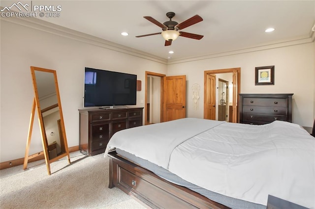 1230 Cottontail Trl, Woodland Park, CO 80863 - bedroom with crown molding, light carpet, recessed lighting, baseboards, and ensuite bathroom