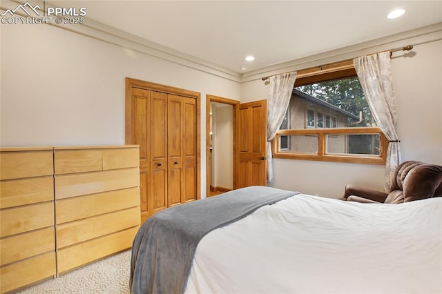 1230 Cottontail Trl, Woodland Park, CO 80863 - bedroom featuring a closet, carpet, and recessed lighting