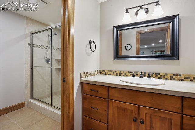 1230 Cottontail Trl, Woodland Park, CO 80863 - bathroom featuring a stall shower, vanity, tile patterned floors, and baseboards