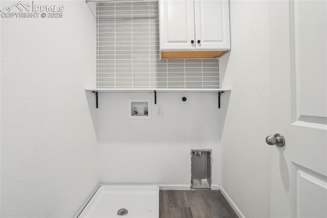 1145 Ibex Dr, Severance, CO 80550 - washroom with cabinet space, wood finished floors, baseboards, hookup for a washing machine, and electric dryer hookup