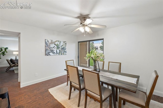 6947 Gayle Lyn Ln, Colorado Springs, CO 80919 - dining room featuring baseboards, a ceiling fan, and wood finished floors