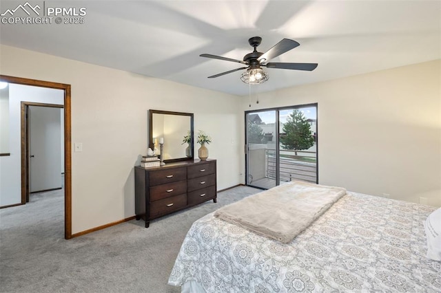 6947 Gayle Lyn Ln, Colorado Springs, CO 80919 - bedroom with access to exterior, light colored carpet, baseboards, and ceiling fan