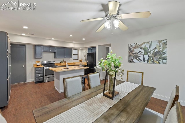 6947 Gayle Lyn Ln, Colorado Springs, CO 80919 - dining area with dark wood-style floors, baseboards, recessed lighting, and ceiling fan
