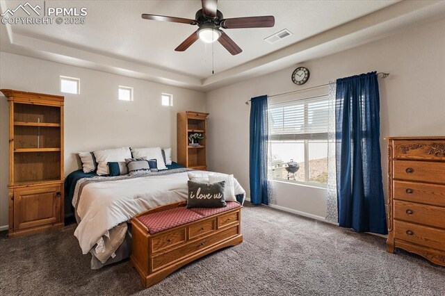 7890 Treehouse Ter, Fountain, CO 80817 - carpeted bedroom featuring a raised ceiling, multiple windows, and ceiling fan