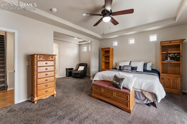7890 Treehouse Ter, Fountain, CO 80817 - carpeted bedroom featuring a raised ceiling, multiple windows, and ceiling fan