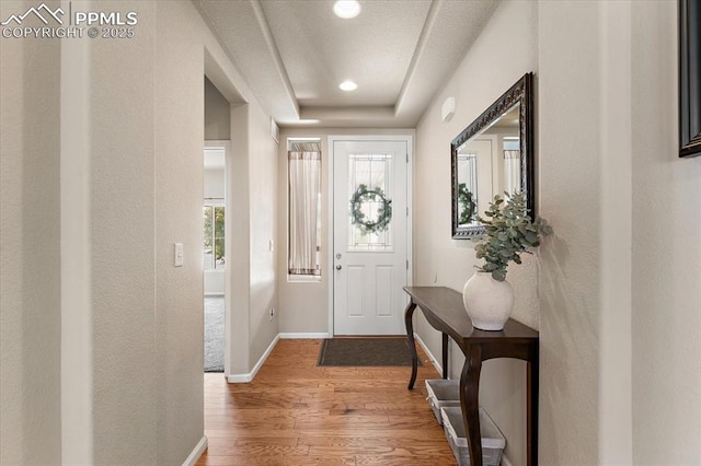 7890 Treehouse Ter, Fountain, CO 80817 - foyer featuring wood finished floors, a tray ceiling, and recessed lighting