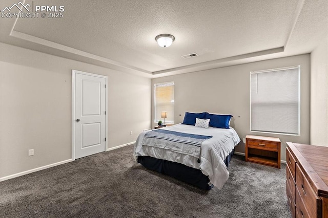 7890 Treehouse Ter, Fountain, CO 80817 - bedroom with a raised ceiling, dark colored carpet, and a textured ceiling