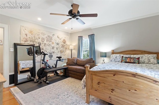 20 W Caramillo St, Colorado Springs, CO 80907 - bedroom with wood finished floors, ornamental molding, a ceiling fan, and recessed lighting