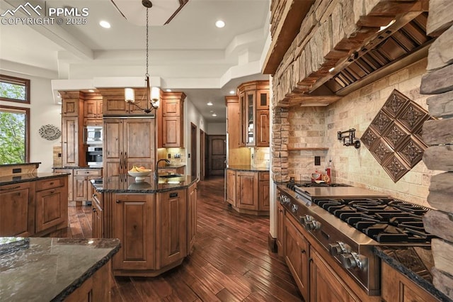 1624 Oakmoor Hts, Colorado Springs, CO 80906 - kitchen featuring appliances with stainless steel finishes, a tray ceiling, decorative backsplash, a sink, and dark wood finished floors
