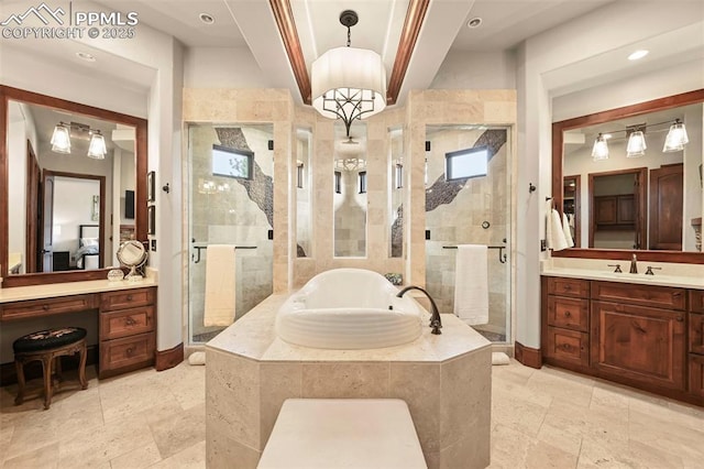 1624 Oakmoor Hts, Colorado Springs, CO 80906 - bathroom with a garden tub, a shower stall, vanity, and baseboards