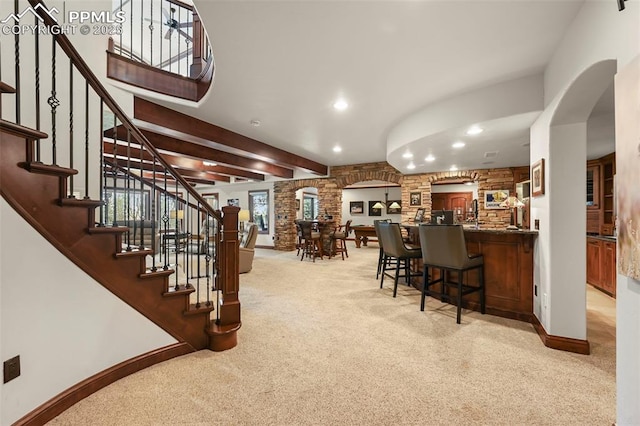1624 Oakmoor Hts, Colorado Springs, CO 80906 - carpeted dining space featuring arched walkways, recessed lighting, stairs, and baseboards