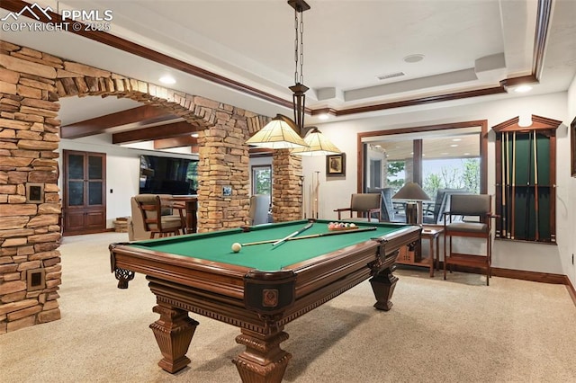 1624 Oakmoor Hts, Colorado Springs, CO 80906 - game room with decorative columns, carpet, pool table, and arched walkways