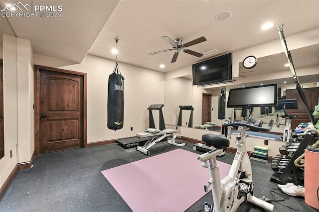 1624 Oakmoor Hts, Colorado Springs, CO 80906 - workout area featuring baseboards, a ceiling fan, and recessed lighting