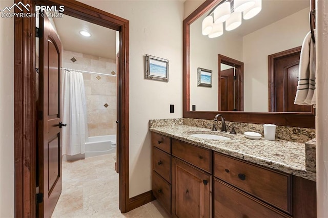 1624 Oakmoor Hts, Colorado Springs, CO 80906 - full bathroom with vanity, shower / bathtub combination with curtain, and baseboards