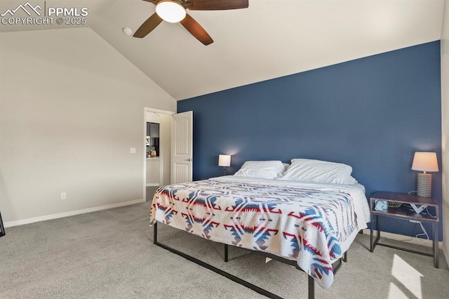 13124 Park Meadows Dr, Peyton, CO 80831 - carpeted bedroom featuring ceiling fan, baseboards, and high vaulted ceiling