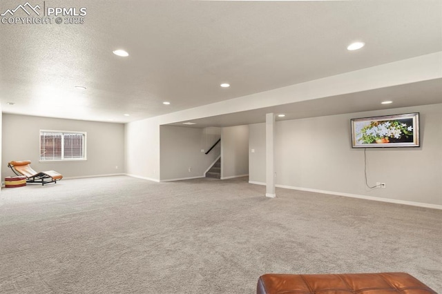 13124 Park Meadows Dr, Peyton, CO 80831 - basement with carpet floors, recessed lighting, baseboards, and stairs