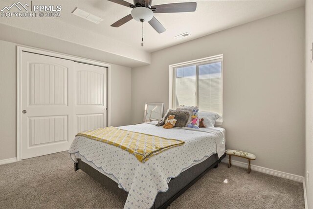 13124 Park Meadows Dr, Peyton, CO 80831 - bedroom with carpet floors, baseboards, a closet, and ceiling fan