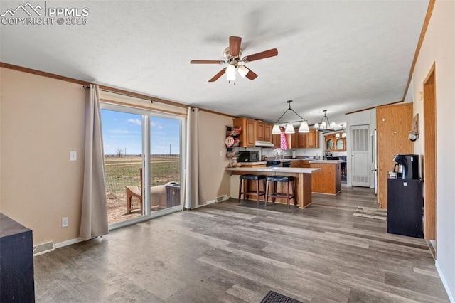 10635 Via Vaquaro Pt, Fountain, CO 80817 - kitchen featuring a peninsula, wood finished floors, a ceiling fan, light countertops, and baseboards