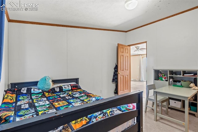 10635 Via Vaquaro Pt, Fountain, CO 80817 - bedroom featuring lofted ceiling, ornamental molding, carpet flooring, and a textured ceiling