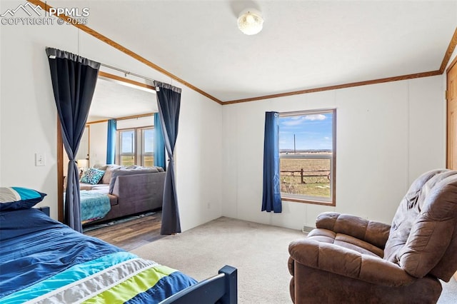10635 Via Vaquaro Pt, Fountain, CO 80817 - bedroom featuring multiple windows, ornamental molding, and carpet floors