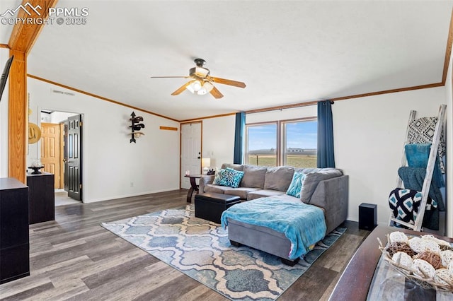 10635 Via Vaquaro Pt, Fountain, CO 80817 - living room with a ceiling fan, crown molding, wood finished floors, lofted ceiling, and baseboards