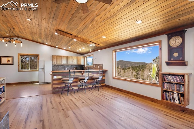 2747 County Road 61, Cripple Creek, CO 80813 - kitchen featuring white fridge with ice dispenser, wood ceiling, baseboards, decorative backsplash, and wood finished floors