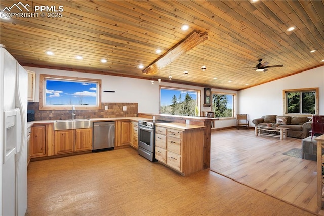 2747 County Road 61, Cripple Creek, CO 80813 - kitchen with appliances with stainless steel finishes, a sink, a peninsula, wooden ceiling, and healthy amount of natural light