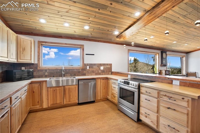 2747 County Road 61, Cripple Creek, CO 80813 - kitchen with appliances with stainless steel finishes, a sink, light brown cabinets, wooden ceiling, and a peninsula