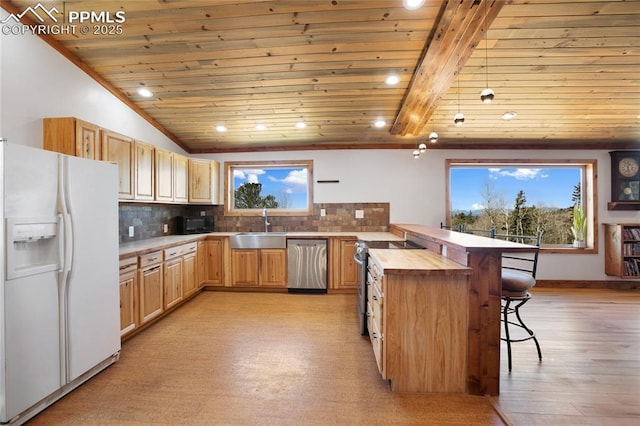 2747 County Road 61, Cripple Creek, CO 80813 - kitchen featuring stainless steel appliances, wooden ceiling, a sink, a kitchen breakfast bar, and a peninsula