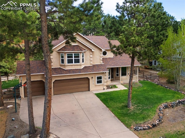 view of front of house featuring stucco siding, a porch, roof with shingles, concrete driveway, and a garage