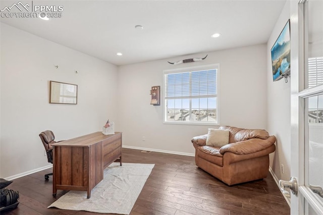 3197 Cool Meadow Pl, Castle Rock, CO 80104 - office area featuring dark wood finished floors, recessed lighting, and baseboards