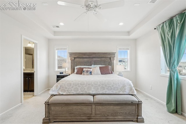 3197 Cool Meadow Pl, Castle Rock, CO 80104 - bedroom featuring light carpet, a raised ceiling, baseboards, and recessed lighting