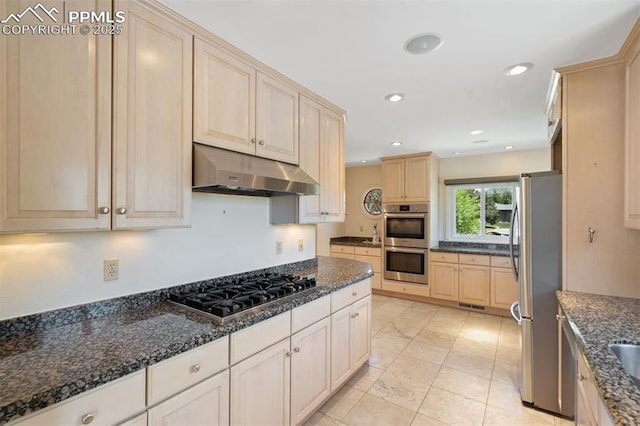 1303 Hermosa Way, Colorado Springs, CO 80906 - kitchen with under cabinet range hood, appliances with stainless steel finishes, light brown cabinets, dark stone countertops, and recessed lighting