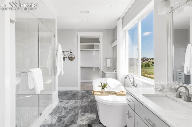 19887 Kershaw Ct, Monument, CO 80132 - full bathroom with plenty of natural light, a stall shower, vanity, a freestanding bath, and recessed lighting
