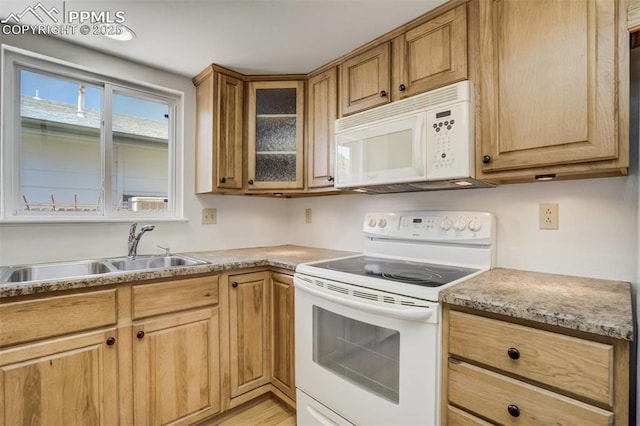 1559 Sausalito Dr, Colorado Springs, CO 80907 - kitchen with white appliances, a sink, glass insert cabinets, light countertops, and light wood-style floors