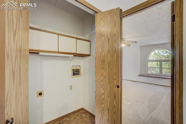 1559 Sausalito Dr, Colorado Springs, CO 80907 - laundry area with electric dryer hookup, washer hookup, a ceiling fan, carpet floors, and a textured ceiling