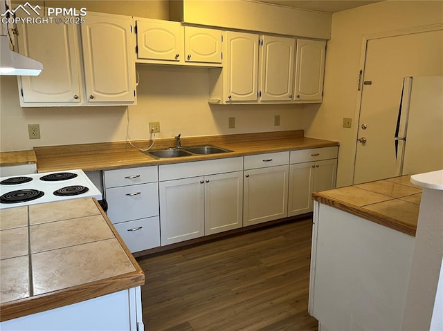 2354 E San Rafael St, Colorado Springs, CO 80909 - kitchen featuring freestanding refrigerator, a sink, dark wood finished floors, white cabinetry, and electric stove