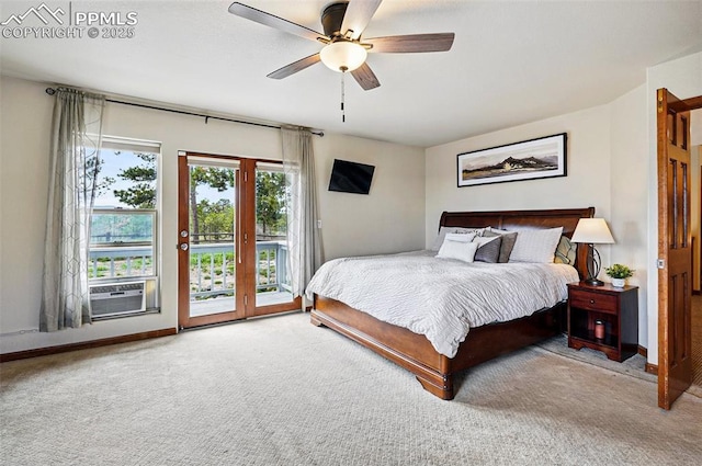 carpeted bedroom with access to exterior, baseboards, ceiling fan, and cooling unit