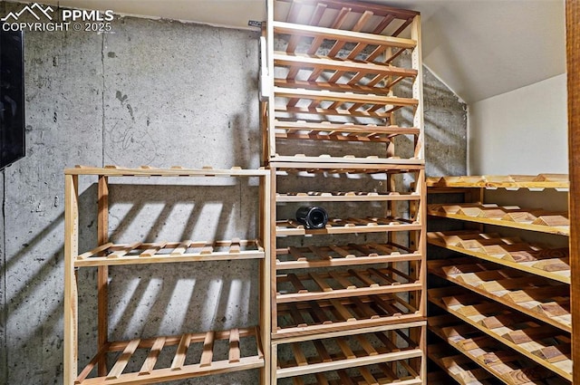 wine room featuring lofted ceiling