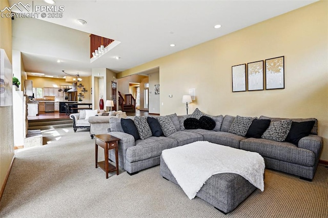 living room with carpet and recessed lighting