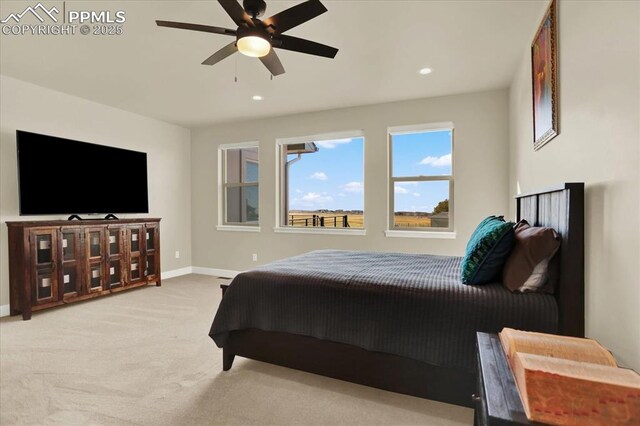 7871 Bannockburn Trl, Colorado Springs, CO 80908 - bedroom featuring light colored carpet, baseboards, recessed lighting, and a ceiling fan