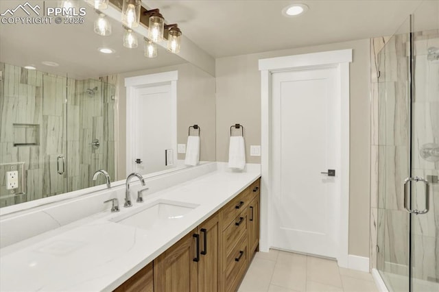 7871 Bannockburn Trl, Colorado Springs, CO 80908 - full bath with tile patterned flooring, a shower stall, vanity, and recessed lighting