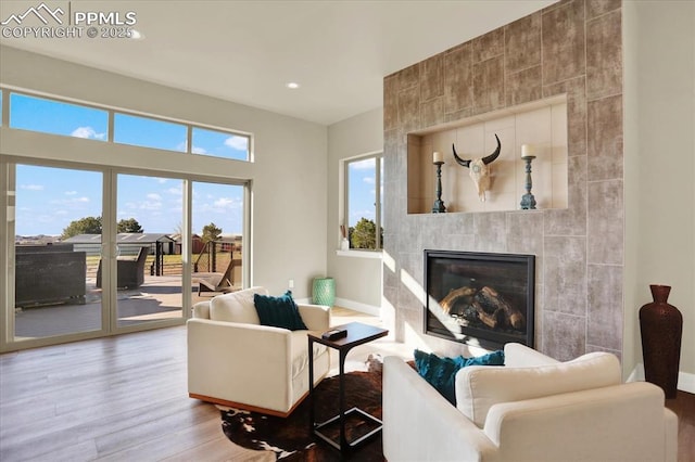 7871 Bannockburn Trl, Colorado Springs, CO 80908 - living room with wood finished floors, a fireplace, recessed lighting, and baseboards