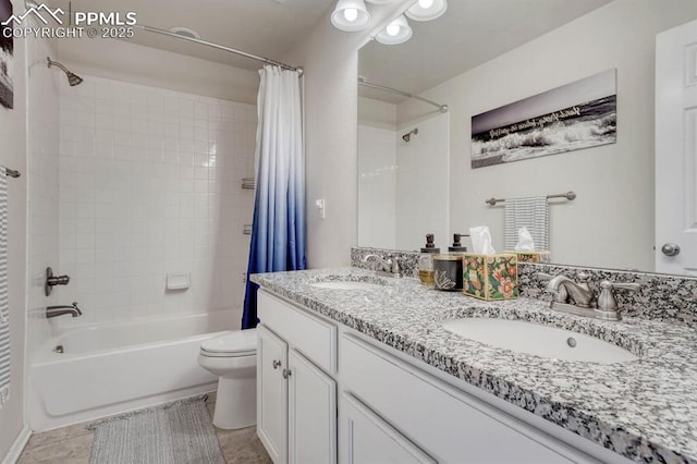 3793 Cadence Dr, Castle Rock, CO 80109 - bathroom with shower / bath combination with curtain, double vanity, and tile patterned flooring