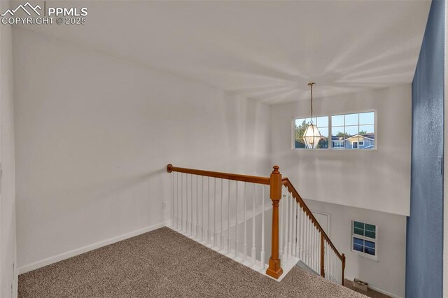 stairway featuring carpet floors and baseboards